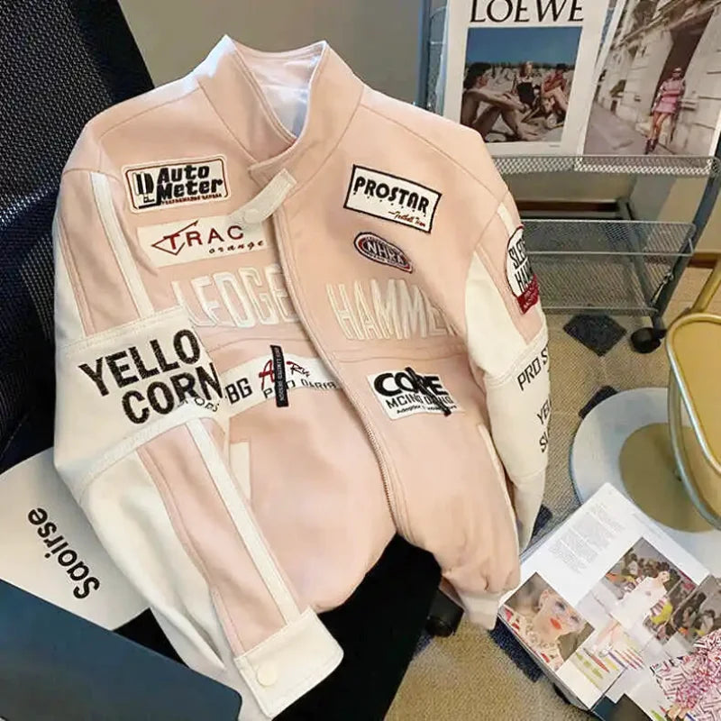 Veste Américaine en Cuir Rose – Veste Teddy